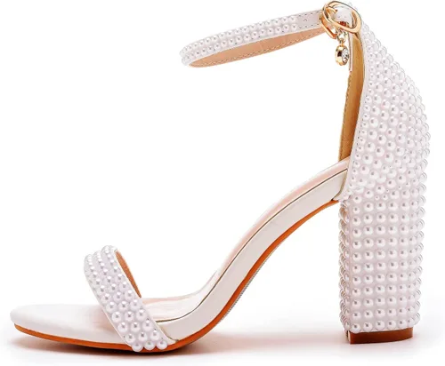 Vista 4 de Sandalias de tacón grueso con perlas de 2.95 pulgadas para mujer, zapatos de tacón grueso con diamantes de imitación para novia, boda, fiesta