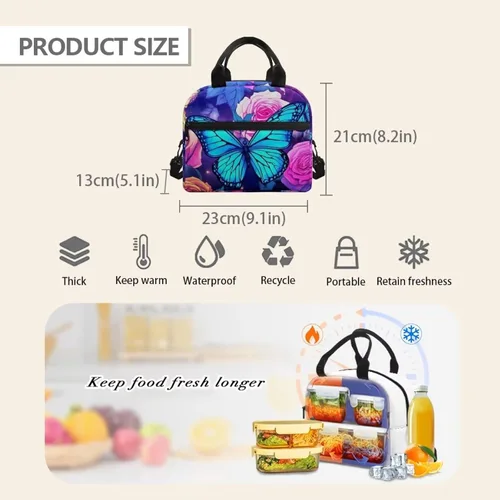 Vista 7 de Showudesigns Bolsas de almuerzo de flores de mariposa para mujer, lonchera aislada, bolsa de almuerzo reutilizable con correa ajustable