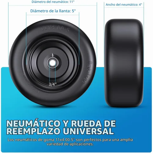 Vista 2 de Conjunto de neumáticos y ruedas planas de 11 x 4.00-5 pulgadas, ajuste universal de 11 x 4.00-5, ruedas sólidas para uso residencial y comercial
