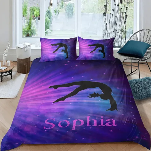 Vista 7 de Juego de ropa de cama personalizada de 3 piezas para niñas con mosca de gimnasia, tamaño individual, funda de edredón personalizada con nombre