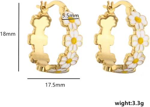 Vista 3 de Aretes de aro pequeños con diseño de margarita para mujeres, adolescentes y niñas, delicados chapados en oro de 18 quilates, esmaltados, flores