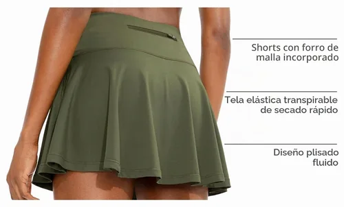 Vista 4 de SANTINY Falda de tenis plisada con 4 bolsillos Verde militar