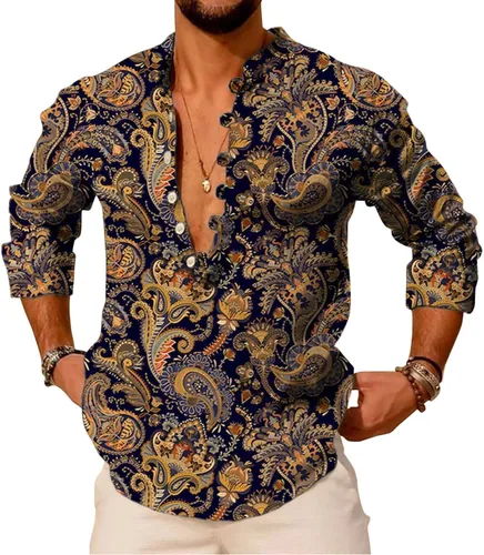 Vista 5 de Kubsid Mens Henley Shirts Casual T Shirt Long Sleeve Banded Collar Button Down Vintage Beach Tops