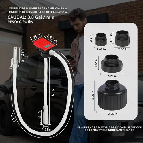 Vista 6 de Bomba de transferencia de combustible con parada automática, funciona con pilas AA, bomba eléctrica portátil de tanque de lata de gas con adaptador