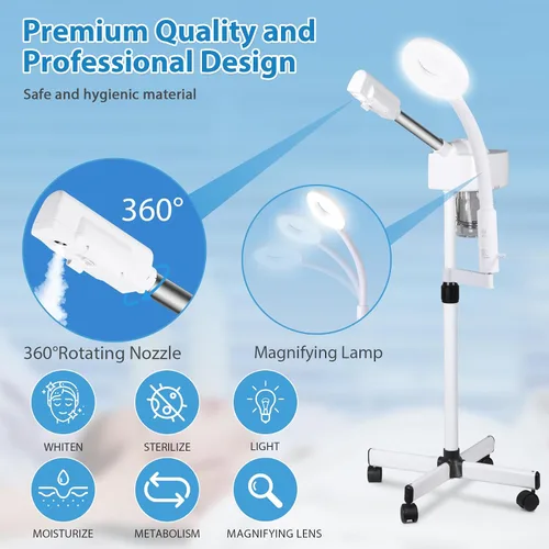 Vista 8 de 2 en 1 vapor facial 5X lámpara de aumento - Máquina de spa de ozono caliente, salón de cara de niebla equipo de cuidado de la piel de belleza