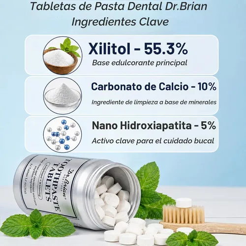 Vista 2 de Dr.Brian - Tabletas de pasta de dientes con nanohidroxiapatita, fluoruro y plástico sin xilitol, tableta masticable ecológica y apta para viajes