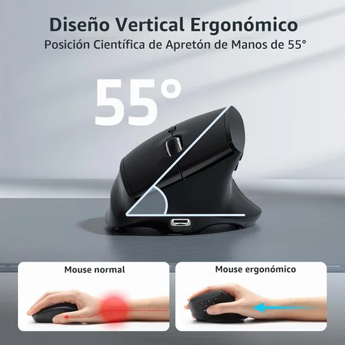 Vista 3 de LTC GM051 Ratón ergonómico vertical inalámbrico – 8K DPI óptico, 9 botones programables (5 lados), recargable 850mAh, Bluetooth