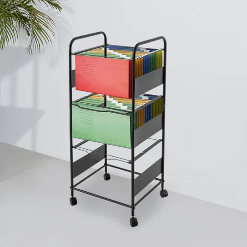 Vista 2 de Carros de archivos de metal de 3 niveles con ruedas, archivos colgantes para tamaño carta, carpeta de archivos extraíble movible, gabinete, Negro