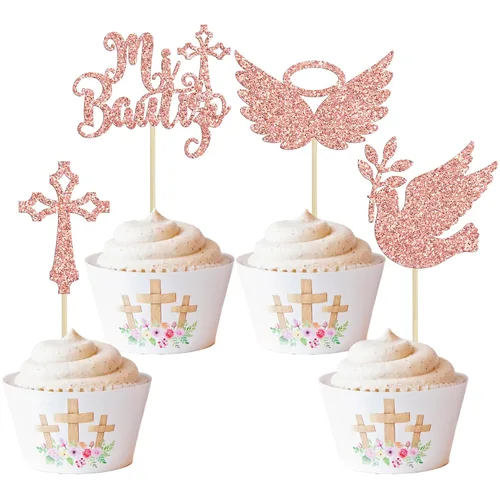 Vista 16 de Gyufise 24 piezas de decoración de pastel de Dios bendiga y decoración de bautizo para cupcakes, cruces de Dios bendiga, adornos de cupcake