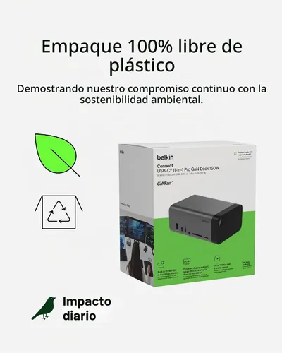 Vista 10 de Belkin Hub USB-C 11 en 1 Pro GaN 150W Triple 4K HDMI Windows, portátiles estación de acoplamiento, USB-A, Ethernet, SD, MicroSD, audio de 0.1 in
