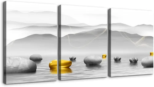 Vista 13 de Wewejia 3 piezas de lienzo gris para pared, calma/relajación, piedras zen doradas, cielo, pájaros, lago, niebla, luna llena, póster, arte de pared