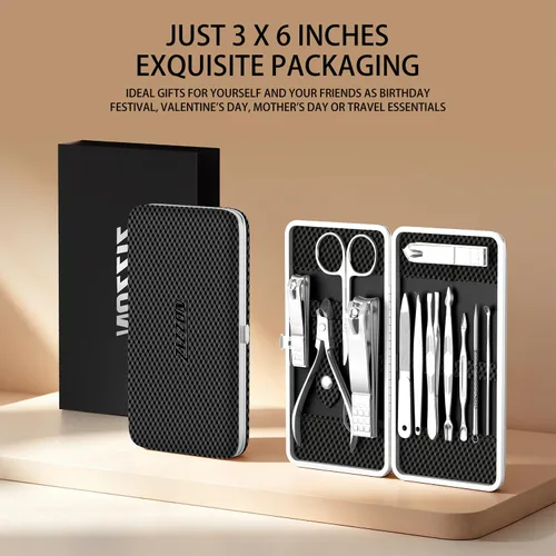Vista 7 de ZIZZON Kit de manicura y pedicura, cortaúñas, juego de 12 piezas, kit de aseo profesional, herramientas de uñas con lujoso estuche de viaje