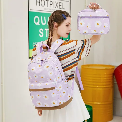 Vista 2 de Joyfulife Mochila para niñas con lonchera para niños, mochila para la escuela, ligera, resistente al agua, púrpura, (Daisy purple), Mochila