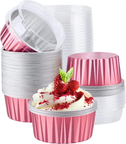 Vista 20 de EUSOAR Moldes desechables de papel de aluminio con tapas, 30 piezas de 5 onzas (4.2 fl oz) de papel de aluminio para magdalenas, tazas para hornear
