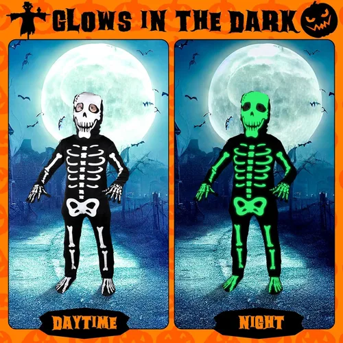 Vista 3 de Hoosige Disfraz de esqueleto de Halloween para niños, overol de esqueleto que brilla en la oscuridad, overol para niños, overol de cosplay, fiesta