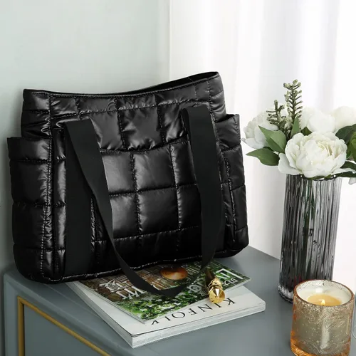 Vista 5 de Bolsa de mano acolchada para mujer, bolsa de hombro acolchada, grande, de algodón, suave y acolchada