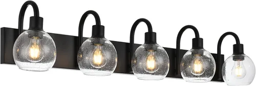 Vista 18 de Luz de tocador de baño con vidrio esmerilado en forma de globo de 2 luces, aplique de pared industrial negro para vestíbulo o pasillo
