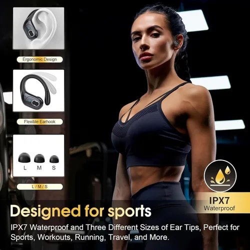 Vista 5 de Auriculares inalámbricos Bluetooth 5.4 de 75 horas para deporte, auriculares Bluetooth 2025 estéreo con graves profundos sobre la oreja con ganchos