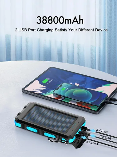 Vista 2 de Cargador solar, 38800 mAh, banco de energía solar, batería externa impermeable de respaldo con entrada/salida USB C/linternas LED compatible