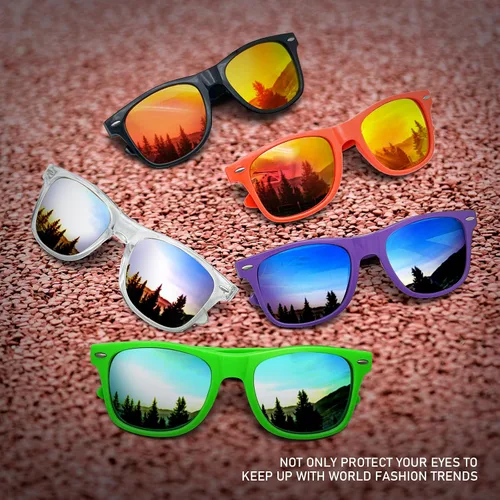 Vista 5 de SUNOVELTIES Gafas de sol de color neón clásicas a granel, lentes espejadas para hombresmujeres, gafas de cumpleaños, playa, piscina, fiestas