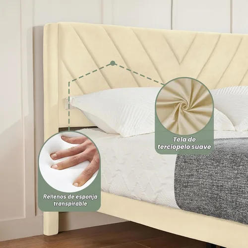 Vista 6 de Base de cama de plataforma de tamaño matrimonial con cabecera de terciopelo, borde de ala, listones de madera resistentes, sin ruido, no necesita