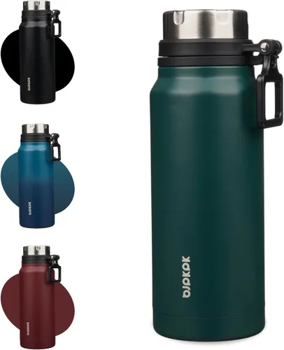Vista 10 de BJPKPK Botella de agua aislada de 24 onzas con asa, sin BPA, botella térmica de viaje de acero inoxidable reutilizable, botella de agua grande, Negro