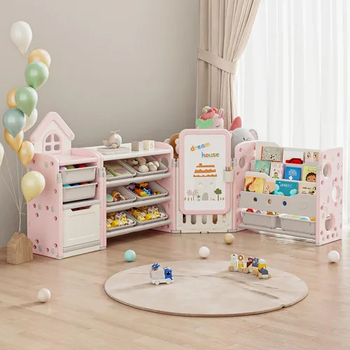 Vista 10 de Organizador de Almacenamiento de Juguetes para Niños con 10 Cubos Extraíbles, Organizadores de Juguetes Plegables y Almacenamiento con Estantería