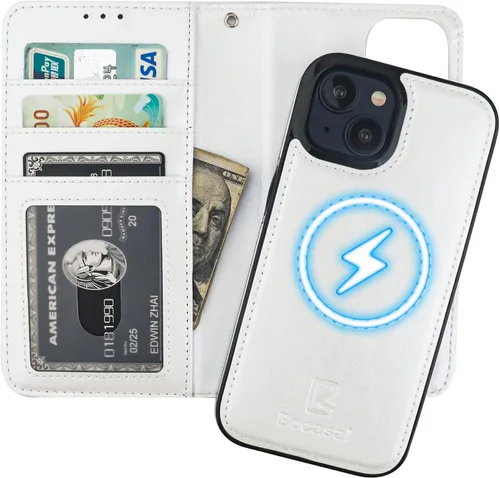 Vista 17 de Bocasal Funda tipo cartera desmontable para iPhone 15 con bloqueo RFID, ranuras para tarjetas, soporte de cuero PU premium, soporte magnético tipo