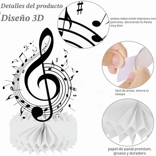 Vista 3 de Notas musicales para decoración de mesa de fiesta, 11 piezas, centros de mesa de panal de abeja para notas musicales, temática de fiesta