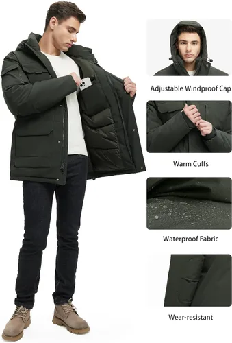 Vista 2 de Abrigos de invierno para hombre, chaquetas de invierno impermeables para hombre, chaqueta acolchada cálida con capucha cortavientos