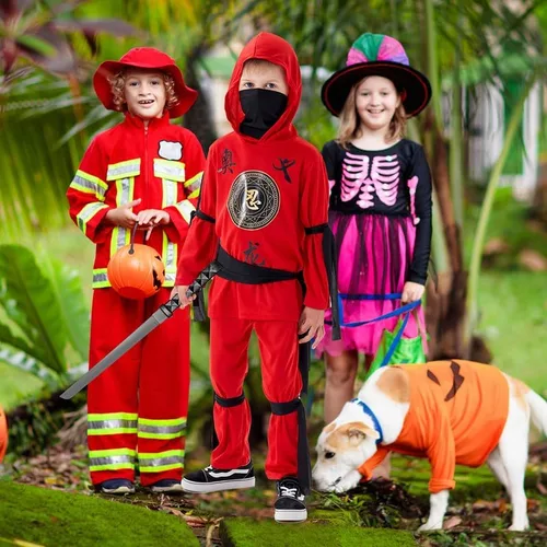 Vista 6 de Disfraz de ninja rojo de lujo con espada ninja de arma, capucha y pantalón para niños, cosplay de Halloween