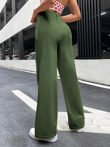 Vista 2 de WDIRARA Pantalones de pierna ancha de cintura alta con bolsillo y cremallera para mujer