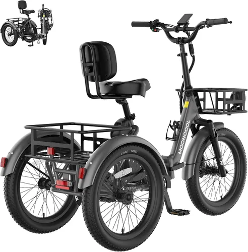 Vista 20 de MOONCOOL Triciclo eléctrico plegable para adultos, E-Trike de aluminio de 20 pulgadas con función de marcha atrás y opciones de largo alcance, Plata
