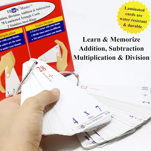 Vista 4 de Think2Master Tarjetas flash triangulares de suma y resta de multiplicación laminada premium 78 tarjetas flash borrables en seco. Incluye 2 anillos.