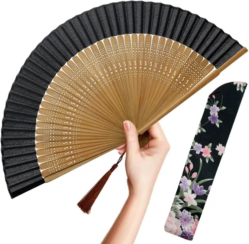 Vista 18 de OMyTea, abanico desplegable con motivo de flores de yuyos (8.27 pulgadas - 21 centímetros) con funda de tela para protección, estilo chino/japonés