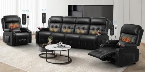 Vista 23 de Sofá reclinable manual de dos plazas, sofá reclinable de pared con masaje, puertos USB y tipo C, almacenamiento, portavasos, sofá RV para sala