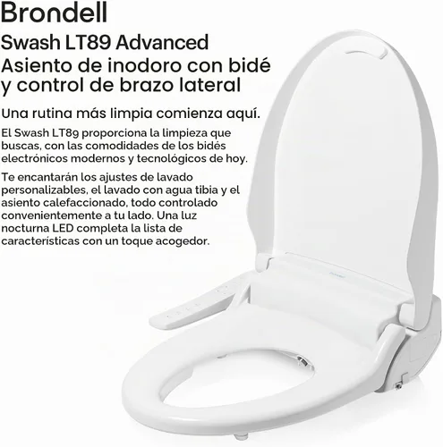 Vista 3 de Brondell LT89 - Asiento de inodoro con bidé eléctrico, se adapta a inodoros alargados, color blanco – Control lateral, lavado con agua caliente