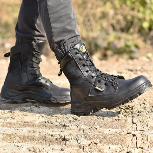 Vista 2 de Botas tácticas militares para hombre de 8 pulgadas con punta de acero, botas de seguridad para el trabajo con cremallera lateral, botas de combate