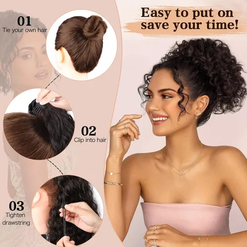 Vista 7 de FREEMEIGE Extensión de cola de caballo, cola de caballo rizada ondulada de 8 pulgadas para mujeres negras, corto, suave, natural, sintético, grueso
