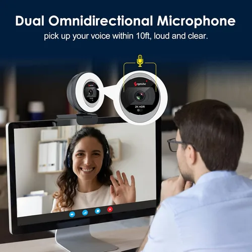 Vista 8 de Cámara web Angetube 2K para PC/Laptop/Mac, cámara de computadora 1080P con luz de anillo Remote, Low-Light Correction, 2 Mics and Privacy Cover