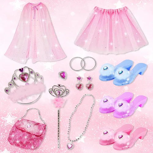 Vista 7 de BeiyoQSZ Juego de 3 pares de zapatos de princesa para niños pequeños con capa de princesa falda tutú corona varita collares bolsos zapatos de juego