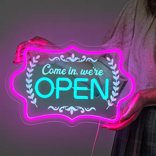 Vista 2 de XIYUNTE Letreros de Neón Abiertos Regulables con LED Brillante, Letrero Alimentado por USB o Batería para Ventana de Negocio Cafetería Tienda