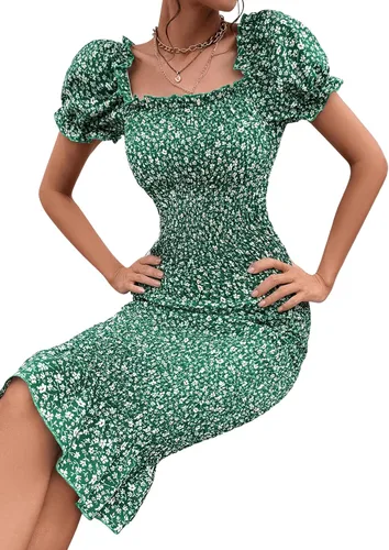 Vista 4 de Floerns Vestido midi ajustado de manga corta con cuello cuadrado y estampado floral para mujer