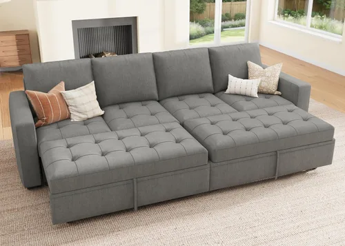 Vista 11 de HONBAY Sofá cama modular modular con cama extraíble, sofá en forma de L con asiento de almacenamiento, sofás seccionales para sala de estar, beige