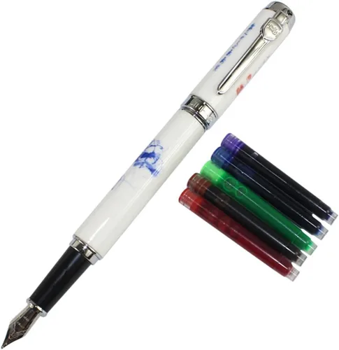 Vista 6 de Gullor Jinhao 950 Caballo de porcelana azul y blanco con caja de regalo y cartuchos de tinta