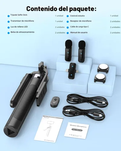 Vista 9 de Kit de vlogging Yeaki para iPhone/Android, palo selfie trípode de 180 cm para iPhone con luz, control remoto inalámbrico y micrófono, trípode