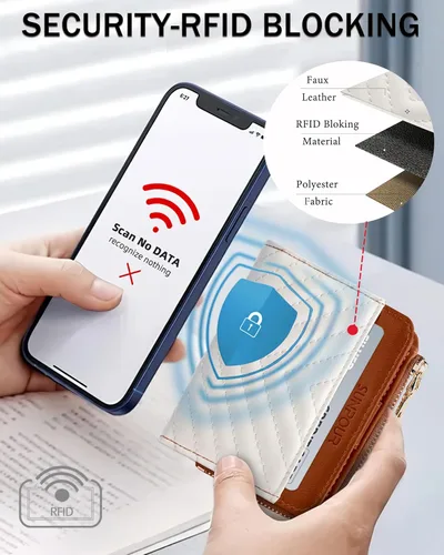 Vista 5 de Billeteras pequeñas y plegables para mujer, mini-cartera RFID para mujer, tarjetero delgado con bolsillo con cremallera para monedas y 2 ventanas