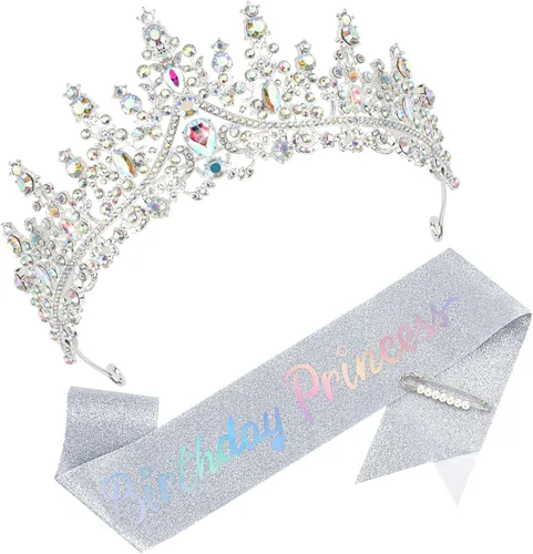 Vista 9 de CAVETEE Corona y banda de princesa de cumpleaños, corona de cumpleaños con banda de purpurina para decoraciones de fiesta de princesa para mujer Oro