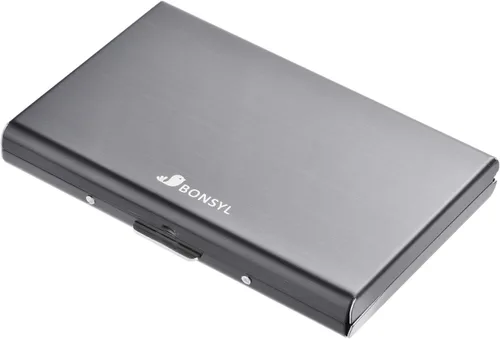 Vista 123 de BONSYL® Soporte para tarjetas de crédito, cartera delgada de metal con bloqueo RFID, con 6 ranuras para tarjetas, para mujeres y hombres.