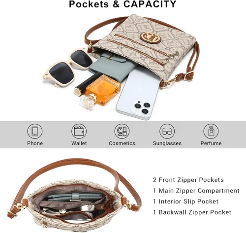 Vista 4 de Dasein Bolso cruzado pequeño para mujer, bolso de hombro ligero con múltiples bolsillos con cremallera, bolso para teléfono
